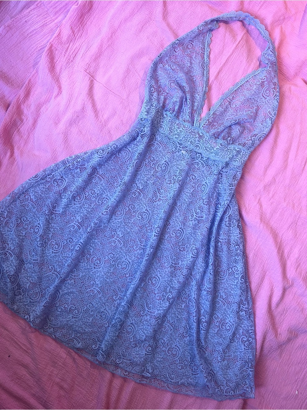 Periwinkle Lace Sheer Open Back Halter Dress